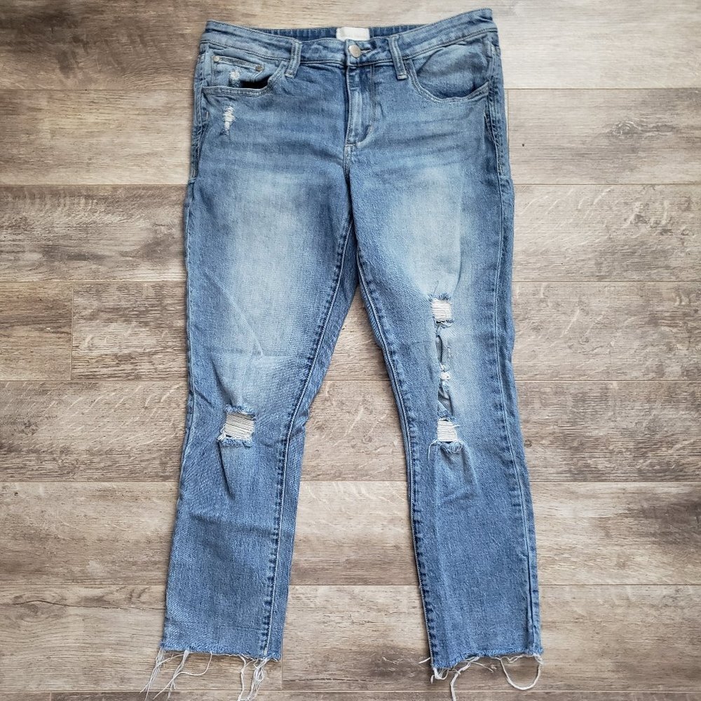 Gilded Intent Mid Rise Ankle Skinny Jeans Distressed Knee Stretch Denim 29